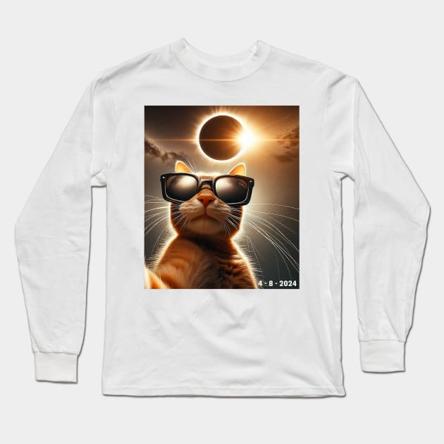 cat taking a selfie with solar 2024 eclipse wearing Glasses Long Sleeve T-Shirt by Mitsue Kersting